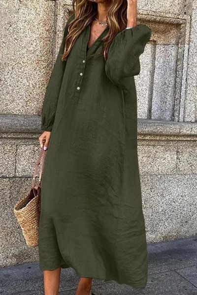 Laura - Elegante vestido de algodón y lino con moderno cuello en V y delicada botonadura