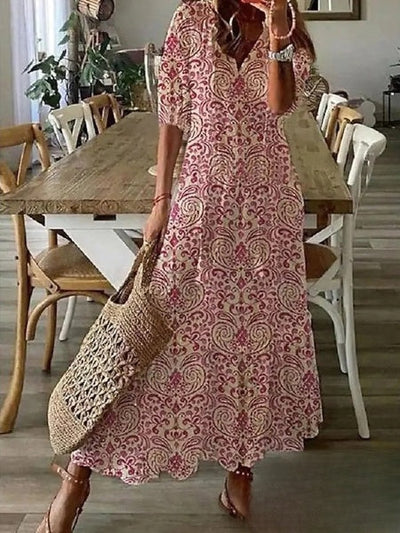 Delia - Elegante vestido largo de mujer con cuello en V y mangas 3/4, adornado con un encantador estampado de barba