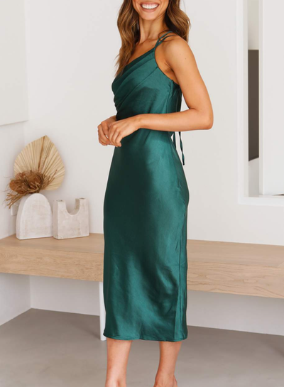 Vestido Midi de Raso para Mujer con Espalda Descubierta y Elegante Un Hombro