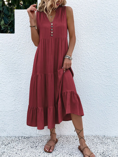 Vestido Elegante con Fruncidos, Botones Chic y Diseño de Bajo a Capas
