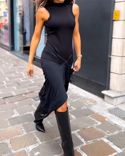 Elegante vestido sin mangas de cuello redondo con delicado lazo en tonos lisos