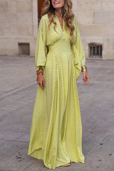 Vestido Maxi Geométrico Gemma con Manga Larga y Elegante Cuello en V