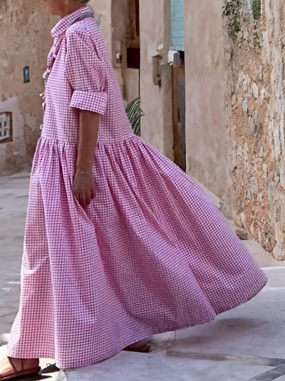 Vestido Casuale Maria: Elegante Diseño de Manga Larga en Algodón y Lino con Estampado de Cuadros