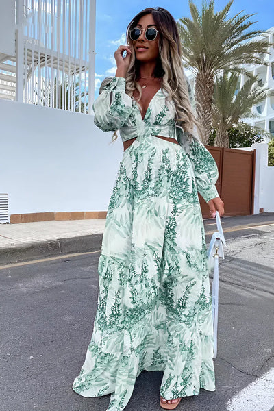 Vestido Estefania: Chic y sofisticado de manga larga con escote en V y estampado deslumbrante