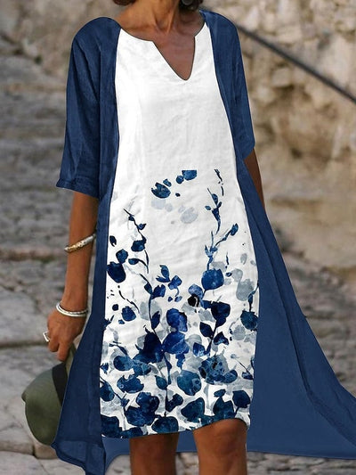 Elegante vestido midi de dos piezas con estampado floral azul y mangas medianas - ¡Perfecto para destacar!