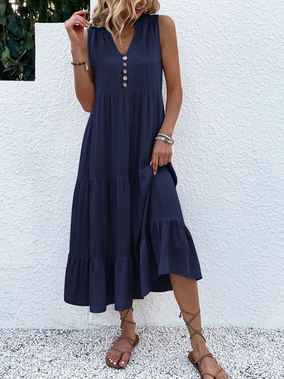 Vestido Elegante con Fruncidos, Botones Chic y Diseño de Bajo a Capas