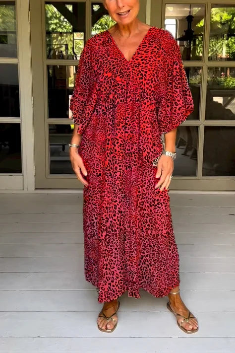 Vestido casual con atractivo cuello en V y encantador estampado vintage de leopardo