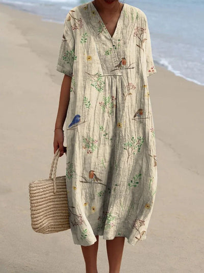 Micaela - Elegante vestido fluido para mujer con encantadores estampados de ramas y adorables pájaros Robin