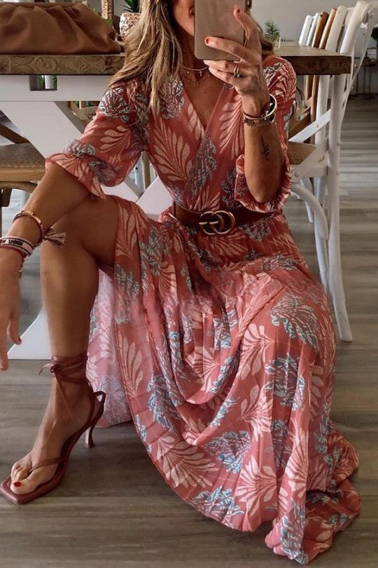 Vestido Plisado de Manga Larga Wendy con Encantador Estampado Botánico