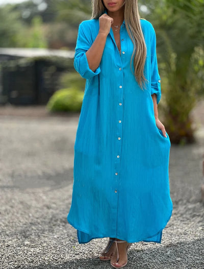 Frida - Vestido camisero femenino en color sólido con botones frontales, ideal para un look casual y chic