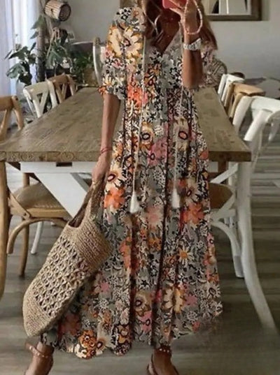 Delia - Elegante vestido largo de mujer con cuello en V y mangas 3/4, adornado con un encantador estampado de barba