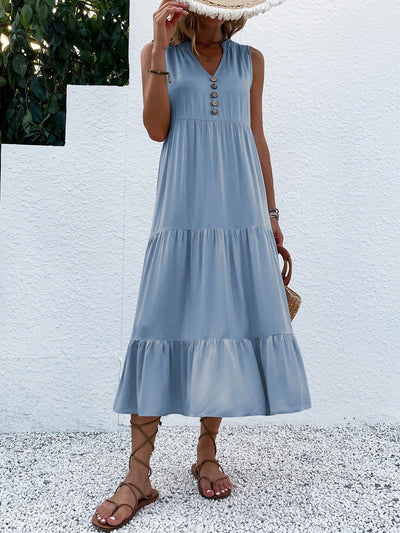 Vestido Elegante con Fruncidos, Botones Chic y Diseño de Bajo a Capas