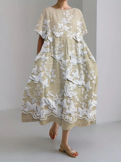 Selena - Elegante Vestido Largo de Lino con Detalles de Encaje Bordado en 3D y Encantadoras Flores de Mariposas
