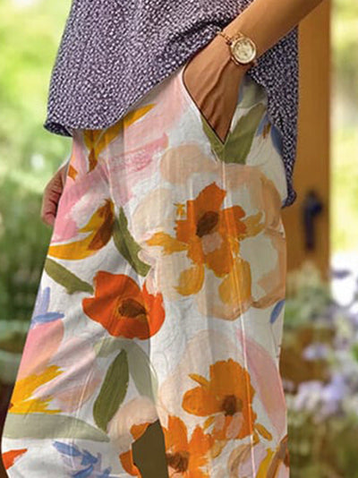 Gina - Pantalones cortos rectos con elegante costura de bolsillo y encantadora pintura floral para un look casual