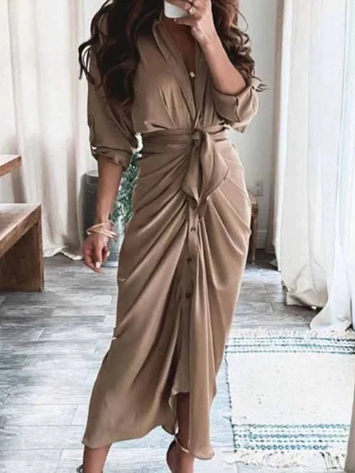 Valentina - Sofisticado Vestido Casual con Cuello en V y Cinturón que Define la Cintura