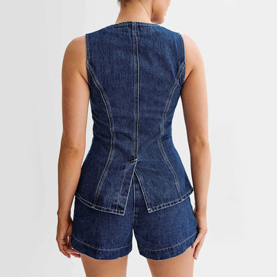 Valentina | Moderno Conjunto Casual de Jeans: Chaleco Sin Mangas y Pantalones Cortos Con Estilo