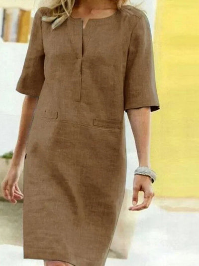 Vestido Linda de Manga Corta en Combinación de Algodón y Lino para Mujer - Comodidad y Estilo juegan a tu Favor