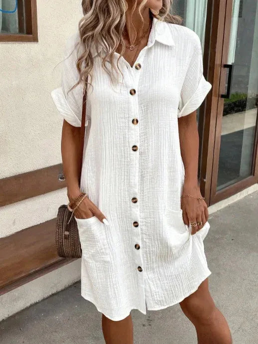 Karla - Elegante Vestido Camisa de Algodón y Lino para Mujer con Solapa y Manga Corta, Diseño de Un Pecho