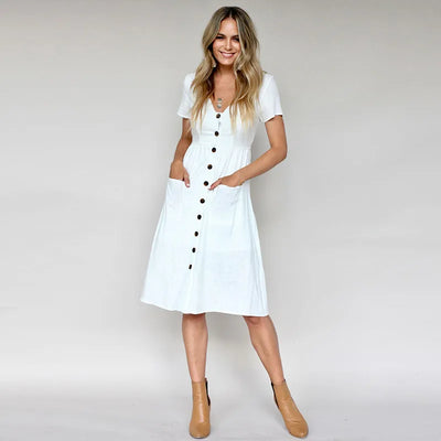 Jessica - Elegante vestido recto con cuello doblado y exclusiva botonadura