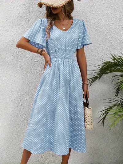Carolina - vestido casual de manga corta con elegante estampado integral y cintura redondeada