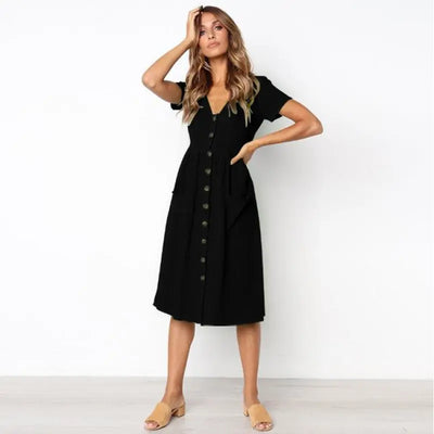 Jessica - Elegante vestido recto con cuello doblado y exclusiva botonadura