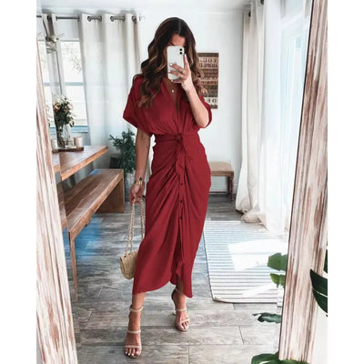 Vestido camisero plisado de satén con estampado y sofisticado detalle de vendaje - Paula