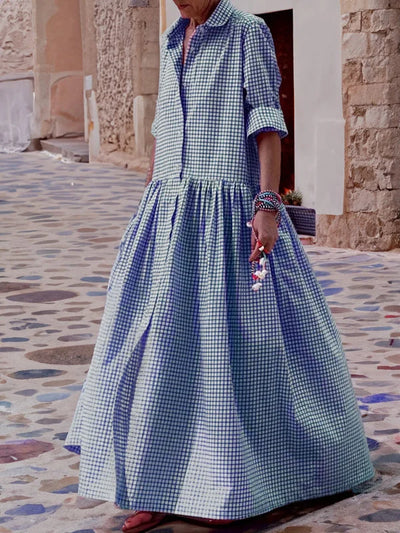 Vestido Casuale Maria: Elegante Diseño de Manga Larga en Algodón y Lino con Estampado de Cuadros