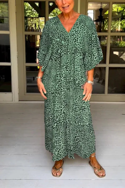 Vestido casual con atractivo cuello en V y encantador estampado vintage de leopardo