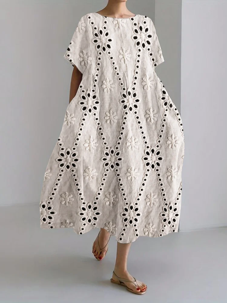 Vestido Largo Lola: Elegancia en Mezcla de Lino y Encaje con Encantador Bordado Floral de Diamantes