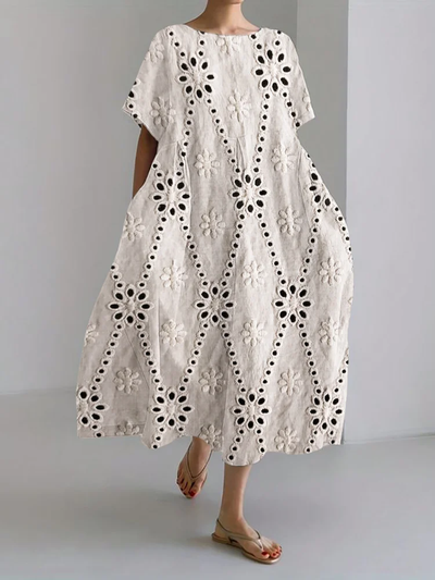 Vestido Largo Lola: Elegancia en Mezcla de Lino y Encaje con Encantador Bordado Floral de Diamantes