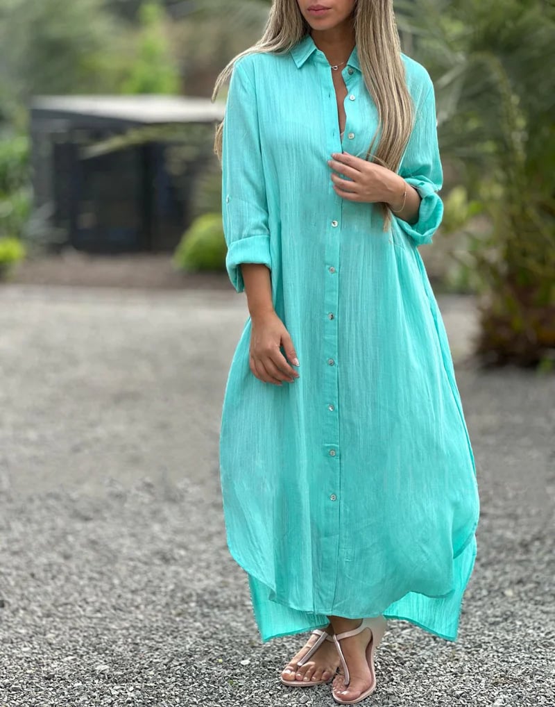 Frida - Vestido camisero femenino en color sólido con botones frontales, ideal para un look casual y chic