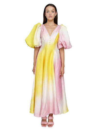Delia - Elegante vestido con mangas voluminosas y sofisticado cuello en V