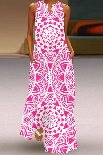 Vestido largo sin mangas Patricia: Elegancia bohemia en blanco y rosa vintage