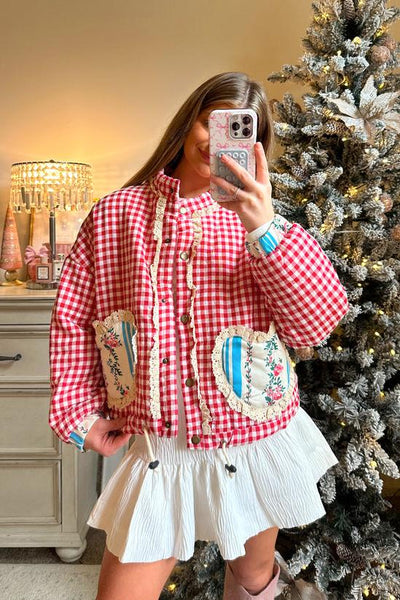 Chaqueta con bolsillo de corazón rosa con cuadros