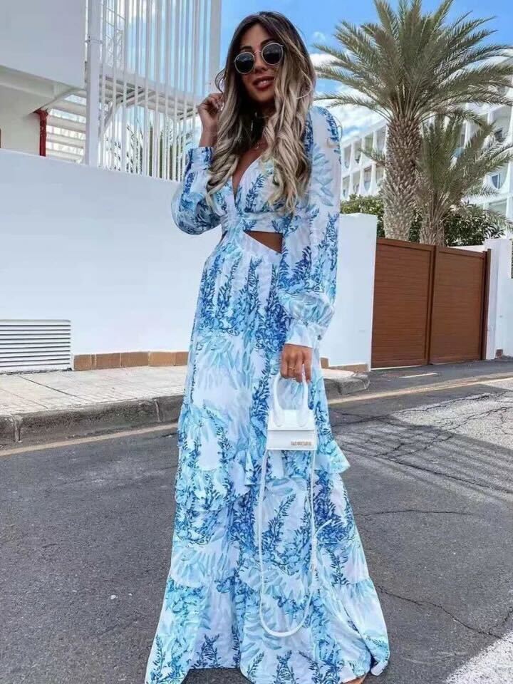 Vestido Estefania: Chic y sofisticado de manga larga con escote en V y estampado deslumbrante