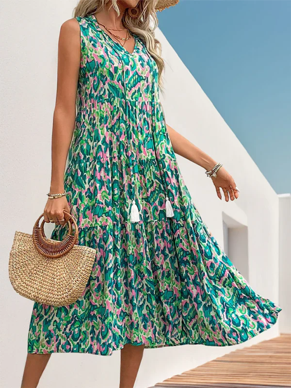 Camila - Vestido midi A-line con vibrante estampado abstracto en tonos azul y verde, ideal para tus festivales de verano