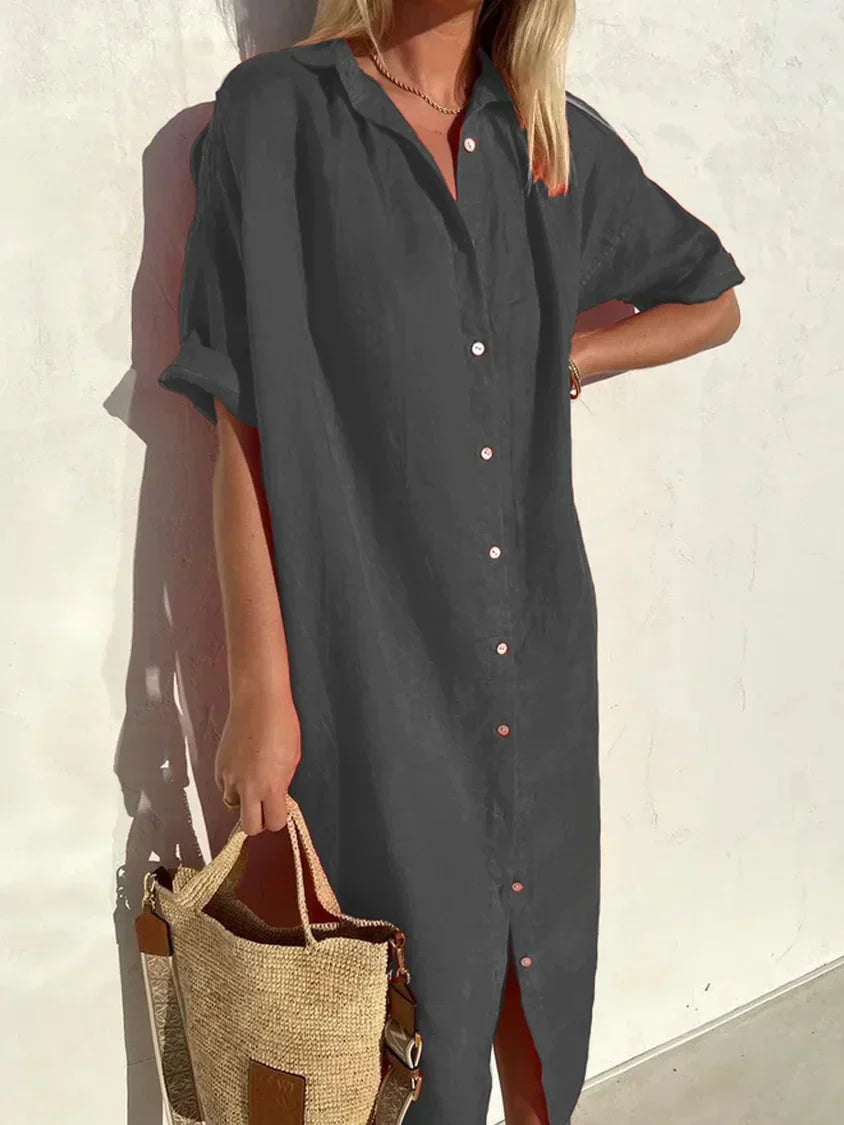Frida - Sofisticado y cómodo vestido abotonado con mangas largas para mujer, ideal en algodón y lino