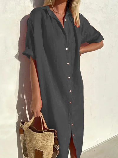 Frida - Sofisticado y cómodo vestido abotonado con mangas largas para mujer, ideal en algodón y lino