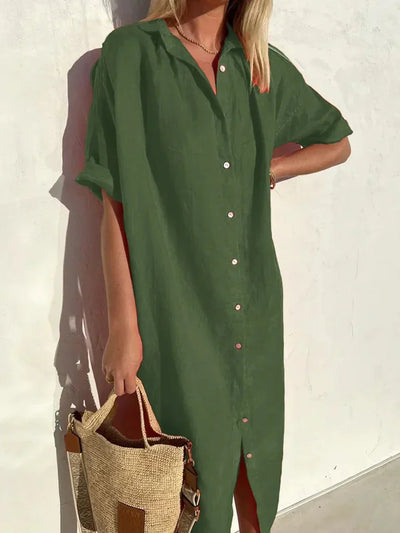 Frida - Sofisticado y cómodo vestido abotonado con mangas largas para mujer, ideal en algodón y lino
