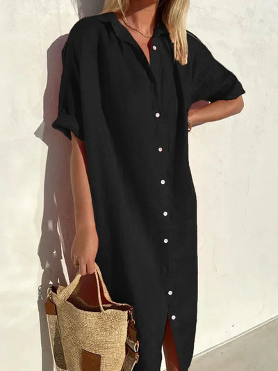 Frida - Sofisticado y cómodo vestido abotonado con mangas largas para mujer, ideal en algodón y lino