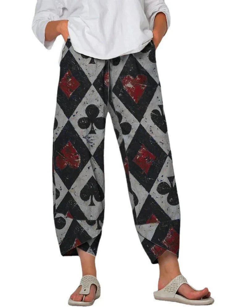 Pantalones sueltos de mujer Linda con cintura gris y llamativas costuras estampadas