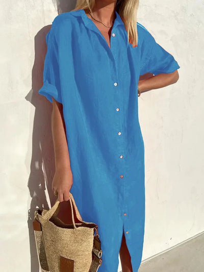 Frida - Sofisticado y cómodo vestido abotonado con mangas largas para mujer, ideal en algodón y lino