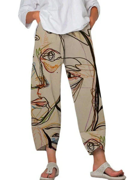 Pantalones sueltos de mujer Linda con cintura gris y llamativas costuras estampadas