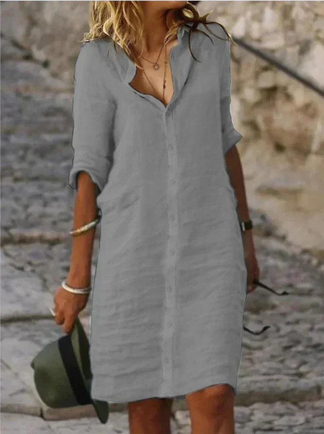 Vestidos de Algodón Miriam: Elegancia Sencilla con Botones de Solapa y Media Manga