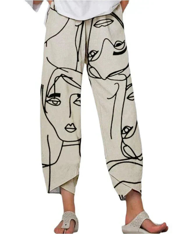 Pantalones sueltos de mujer Linda con cintura gris y llamativas costuras estampadas