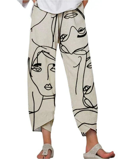 Pantalones sueltos de mujer Linda con cintura gris y llamativas costuras estampadas