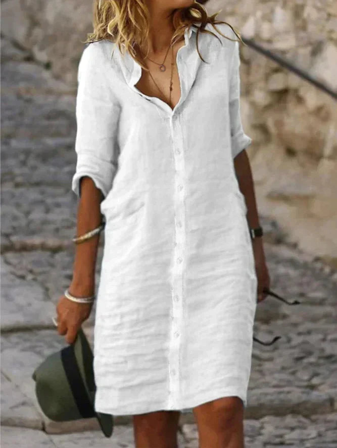 Vestidos de Algodón Miriam: Elegancia Sencilla con Botones de Solapa y Media Manga