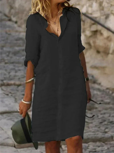 Vestidos de Algodón Miriam: Elegancia Sencilla con Botones de Solapa y Media Manga