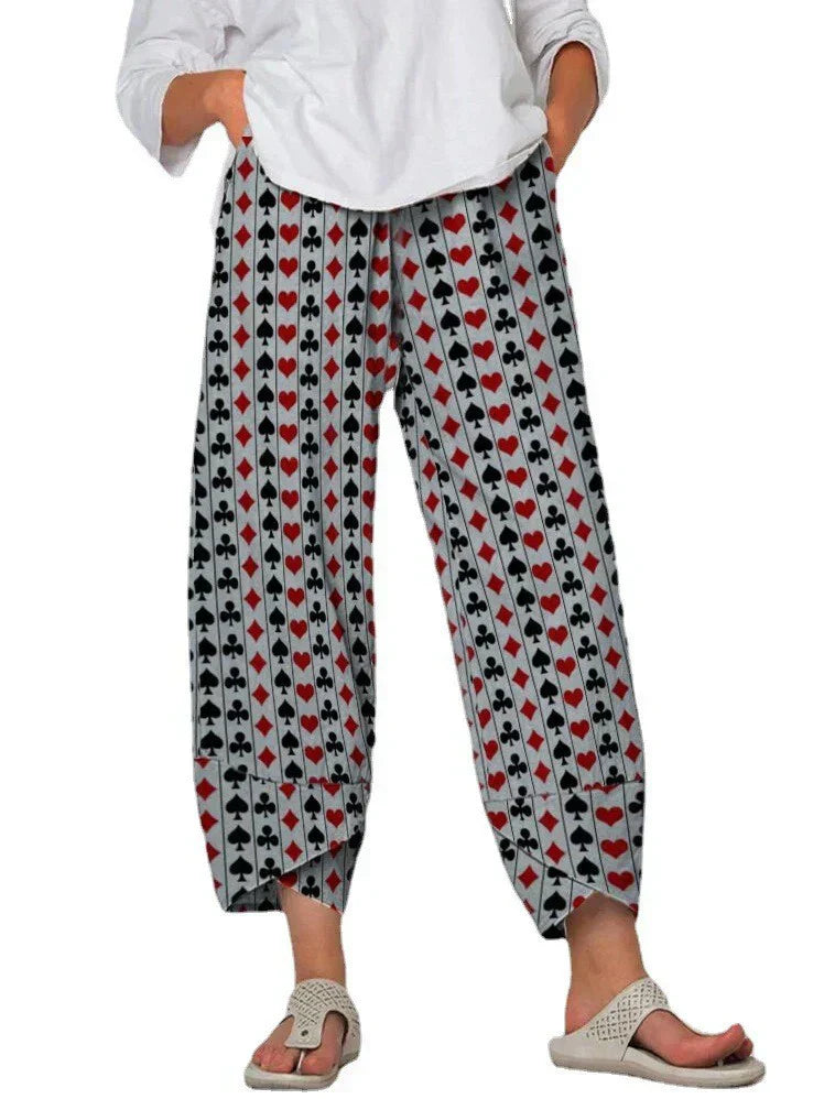 Pantalones sueltos de mujer Linda con cintura gris y llamativas costuras estampadas