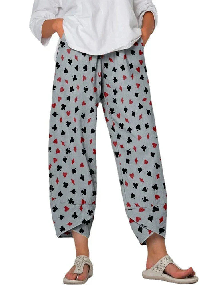 Pantalones sueltos de mujer Linda con cintura gris y llamativas costuras estampadas